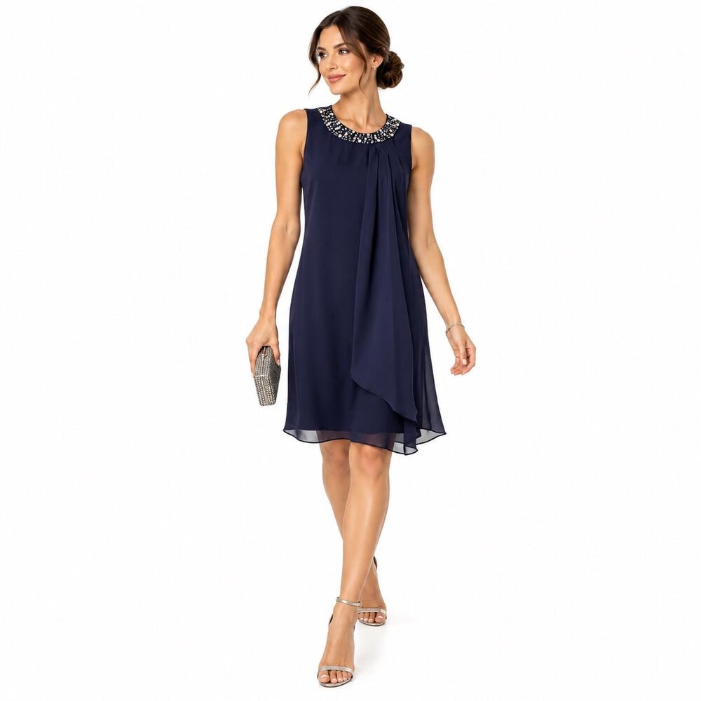 Vince Camuto Jewel Embellished Chiffon Draped Party Cocktail Dress 8 Glam Luxe